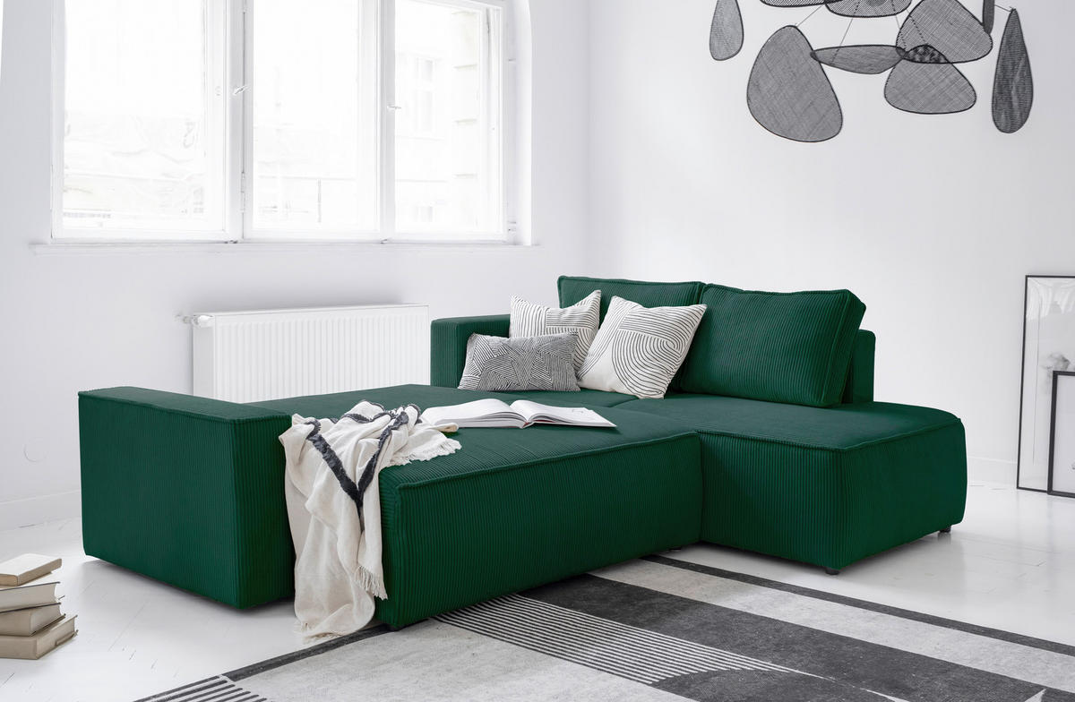 ECKSOFA Dunkelgrün Cord Bettkasten, Rückenkissen  - Dunkelgrün/Schwarz, Design, Kunststoff/Textil (247/194cm) - MID.YOU