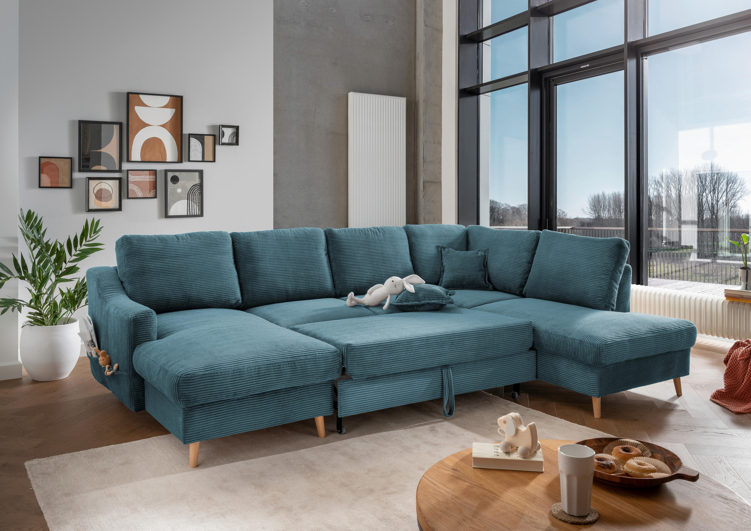 WOHNLANDSCHAFT in Cord Petrol  - Petrol/Naturfarben, Konventionell, Holz/Textil (150/301/200cm) - P & B