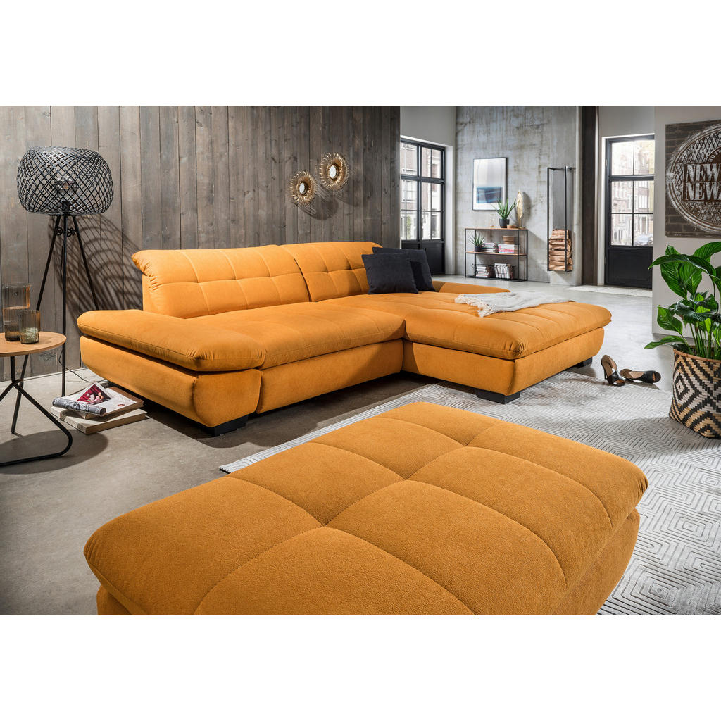 Thumbnail - Xora Ecksofa, Currygelb, Textil, Uni, 3-Sitzer, Ottomane links, L-Form, 290x198 cm, Goldenes M, Typenauswahl, Bettkasten...