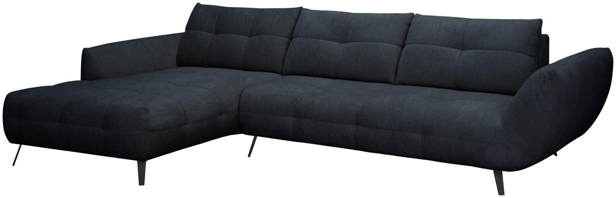 ECKSOFA Dunkelblau Chenille Armlehnenkissen, Rücken echt, Sitztiefenverstellung  - Schwarz/Dunkelblau, KONVENTIONELL, Textil/Metall (215/313cm) - Hom`in