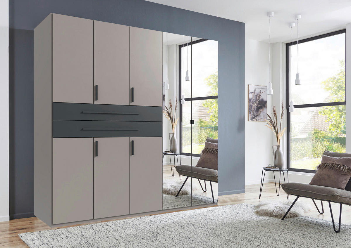 OMARA ZA OBLAČILA, barve grafita, siva, sahara  - sahara/siva, Design, steklo/leseni material (225/208/65cm) - Carryhome