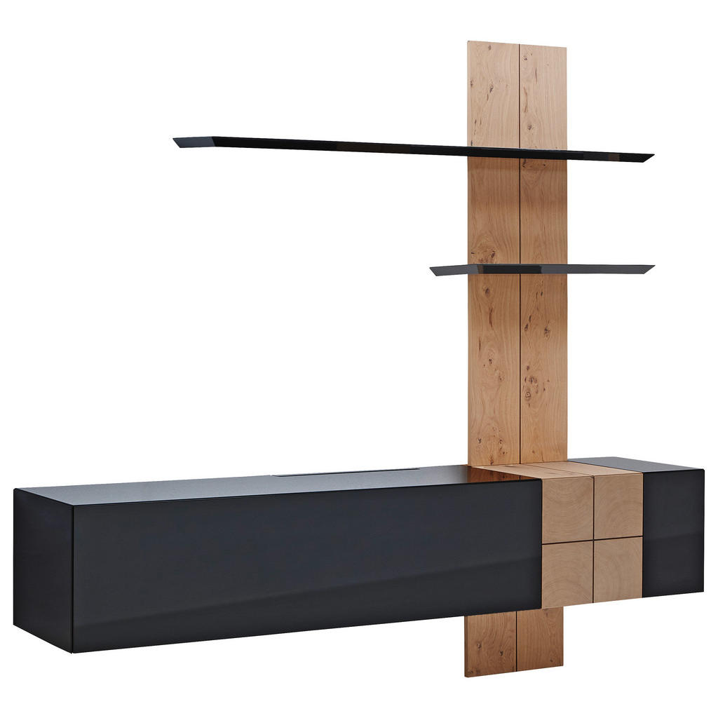 Thumbnail - Modante Wohnwand Quadra, Eiche, Dunkelgrau, Holz, Holzwerkstoff, Eiche, furniert, 215x200x42 cm, individuell planbar, Be...