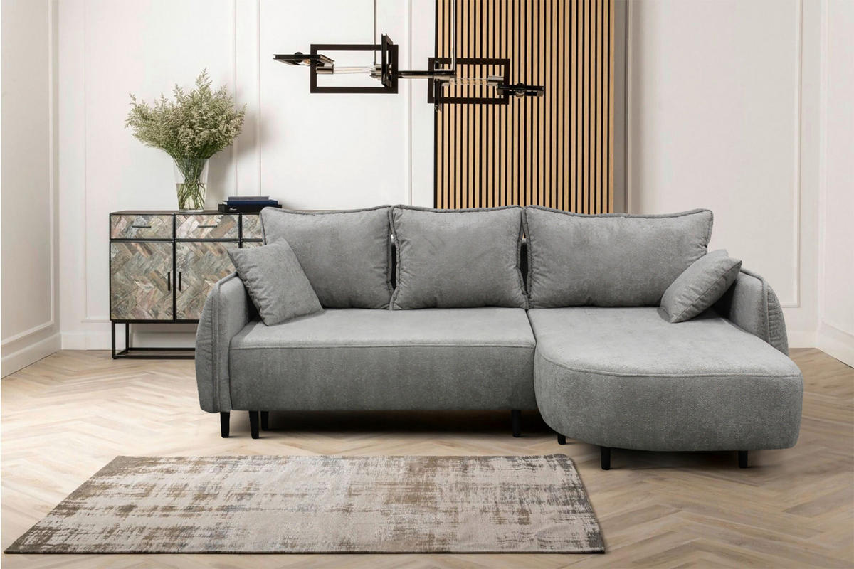 ECKSOFA MURANO Grau Chenille Zierkissen, Rückenkissen, Bettkasten  - Schwarz/Grau, Design, Holz/Textil (242/167cm) - MID.YOU