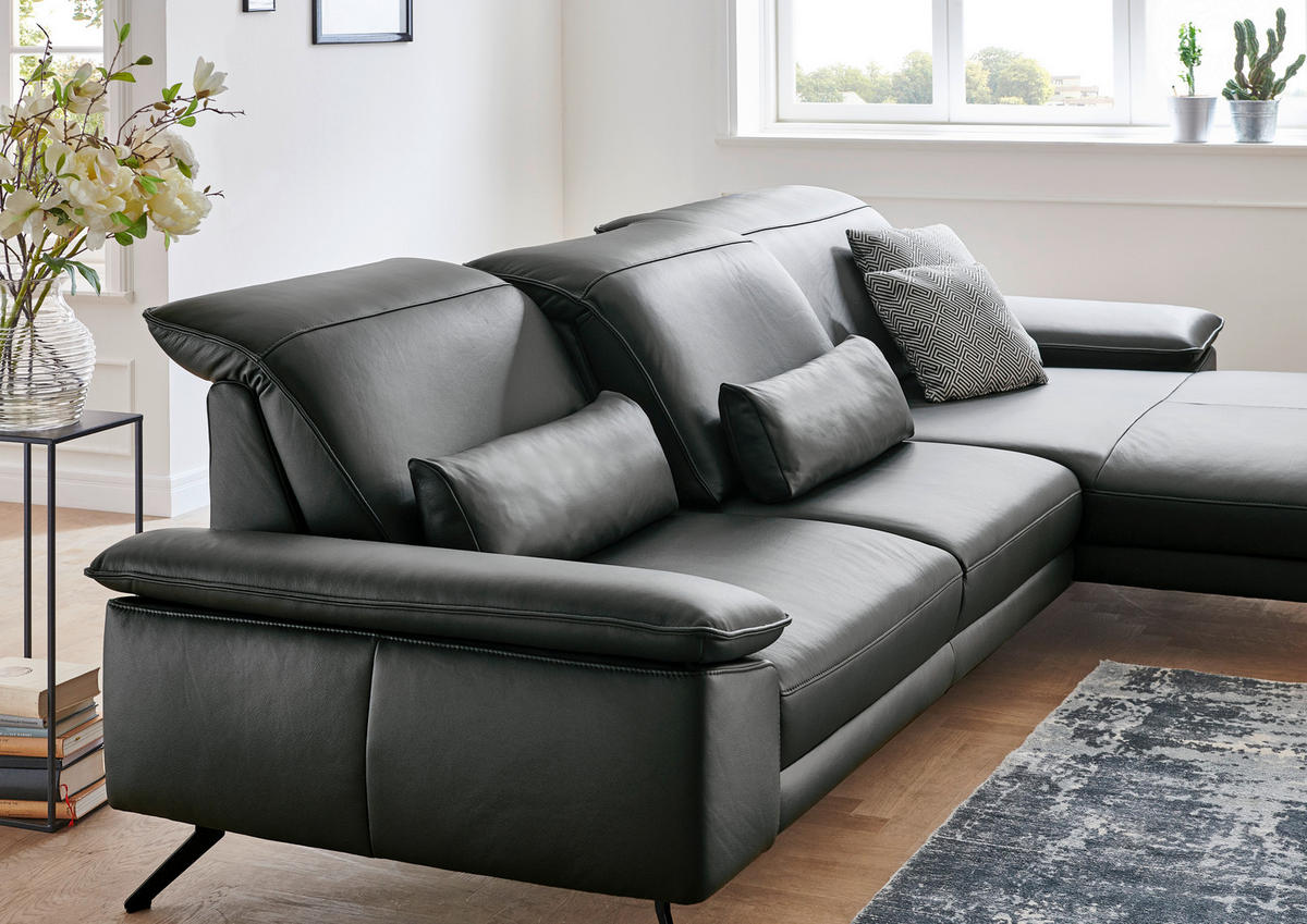 ECKSOFA in Echtleder Anthrazit  - Anthrazit/Schwarz, Design, Leder/Metall (193/328cm) - Dieter Knoll