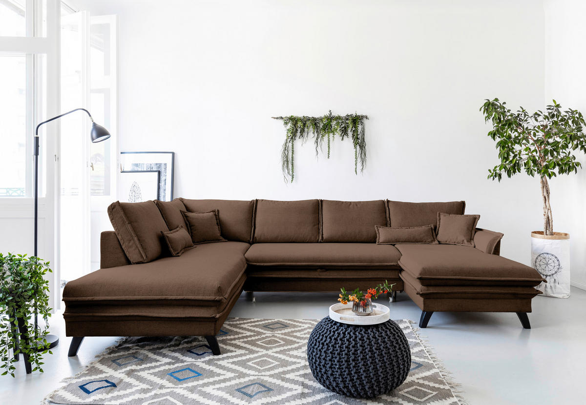 WOHNLANDSCHAFT Braun Mikrofaser  - Schwarz/Braun, Design, Holz/Textil (200/300/150cm) - P & B