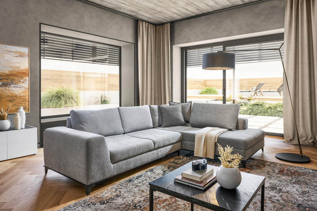 ECKSOFA in Webstoff Grau  - Schwarz/Grau, Design, Textil/Metall (314/211cm) - Stylife