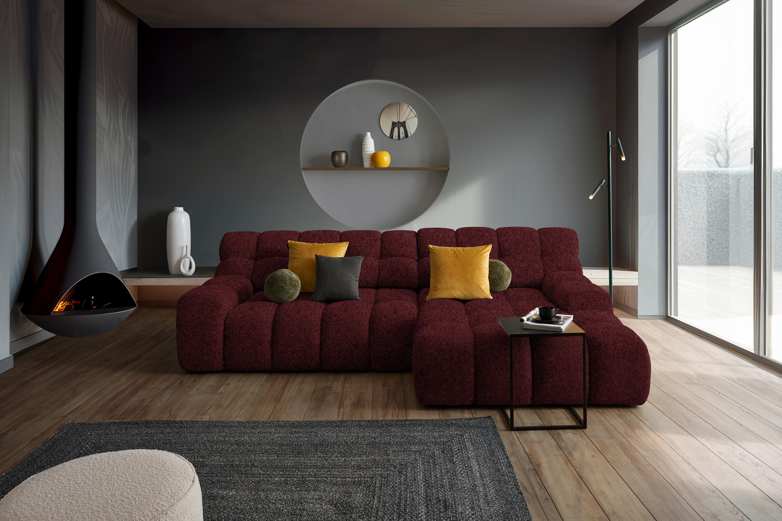ECKSOFA in Webstoff Bordeaux  - Bordeaux/Schwarz, Modern, Kunststoff/Textil (297/180cm) - Welnova
