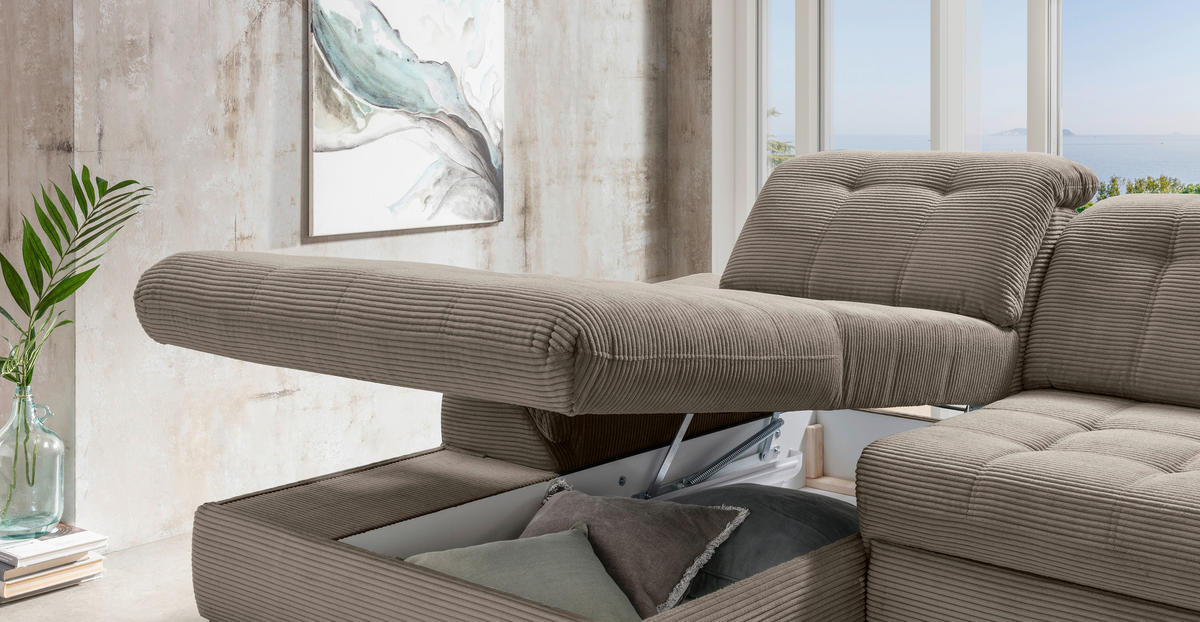 ECKSCHLAFSOFA  mit seitenverkehrt erhältlich, Rücken echt, Armteil links, Armteil rechts Cord Graubraun  - Graubraun/Schwarz, MODERN, Textil/Metall (189/273cm) - Livetastic