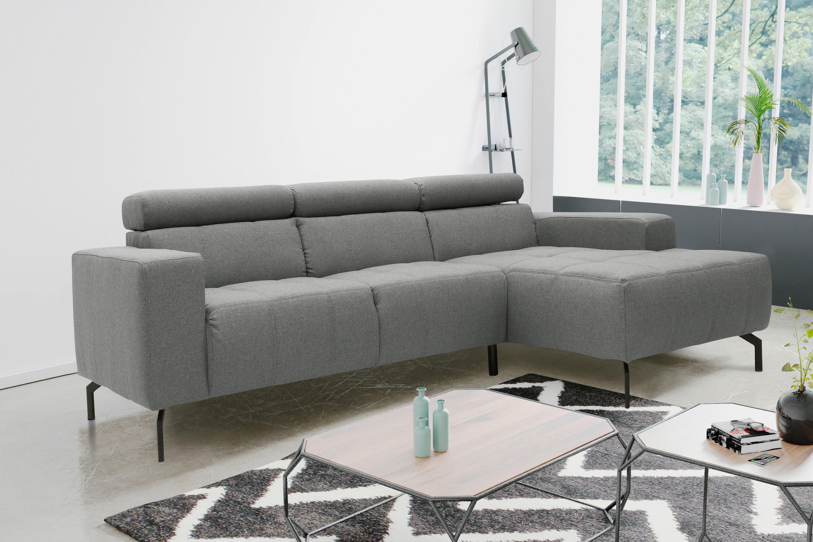 ECKSOFA Silberfarben Webstoff  - Silberfarben/Schwarz, Design, Textil/Metall (292/175cm) - MID.YOU