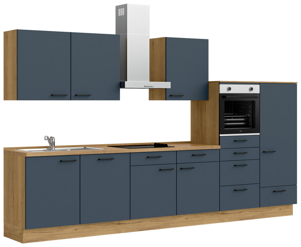 KÜCHENBLOCK 360 cm   in Eichefarben, Dunkelblau  - Eichefarben/Schwarz, MODERN, Holzwerkstoff/Metall (360cm) - Nobilia