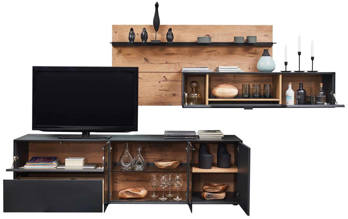 WOHNWAND  in Anthrazit, Eichefarben 313/174/49 cm  - Eichefarben/Anthrazit, Natur, Glas/Holz (313/174/49cm) - Valnatura