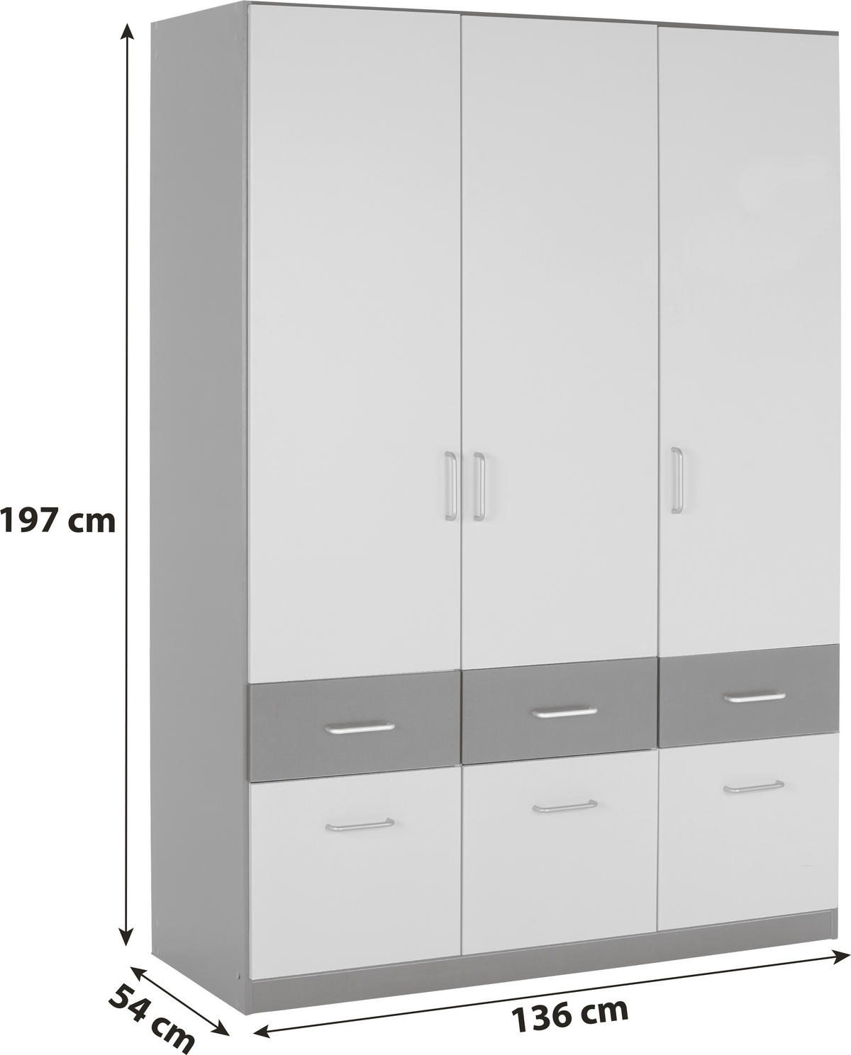 KLEIDERSCHRANK 136/197/54 cm,  in Grau, Weiß, 3-türig  - Alufarben/Weiß, KONVENTIONELL, Holzwerkstoff/Kunststoff (136/197/54cm) - Rauch Möbel