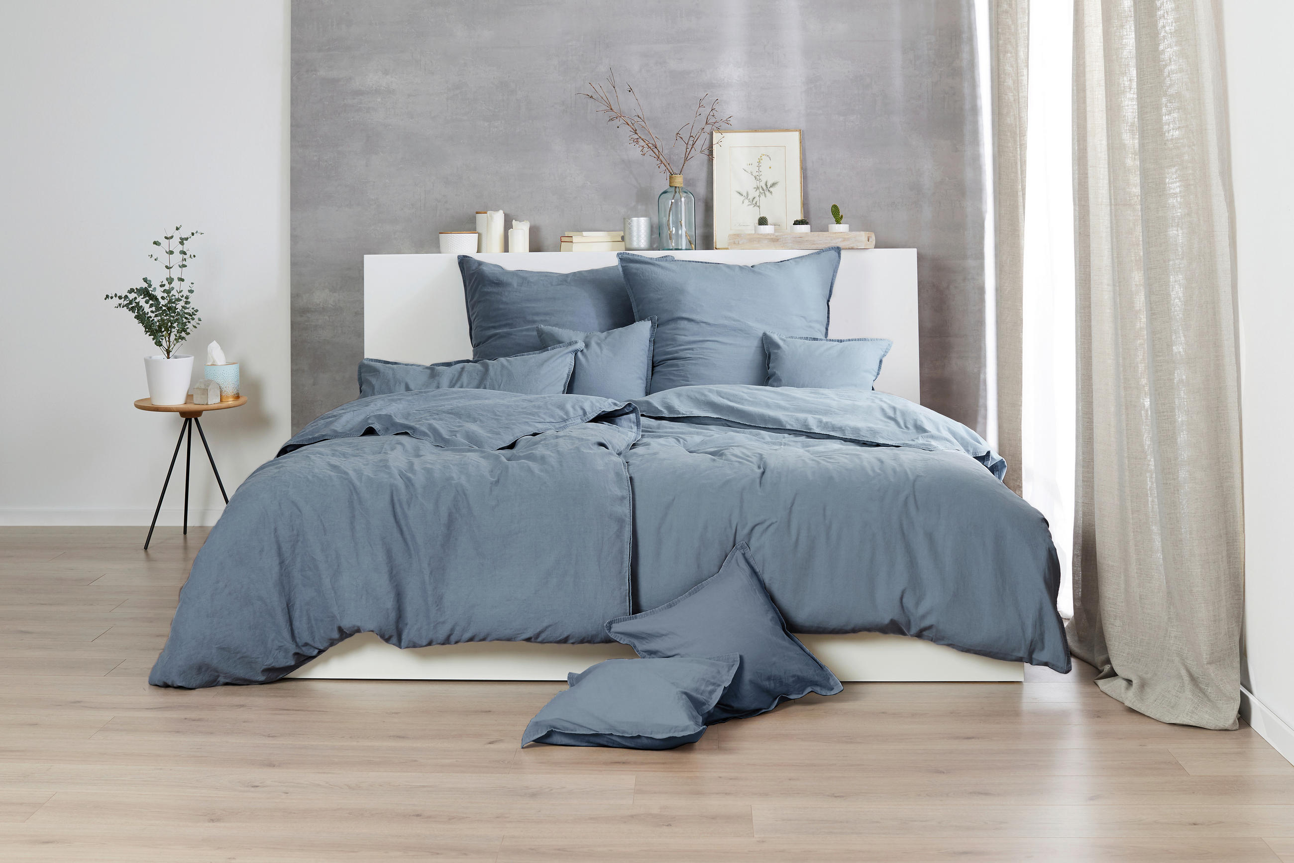 Thumbnail - Bettwäsche, Blau, Textil, Uni, 240x220 cm, Oeko-Tex® Standard 100, pflegeleicht, atmungsaktiv, Schlaftextilien, Bettwäsc...