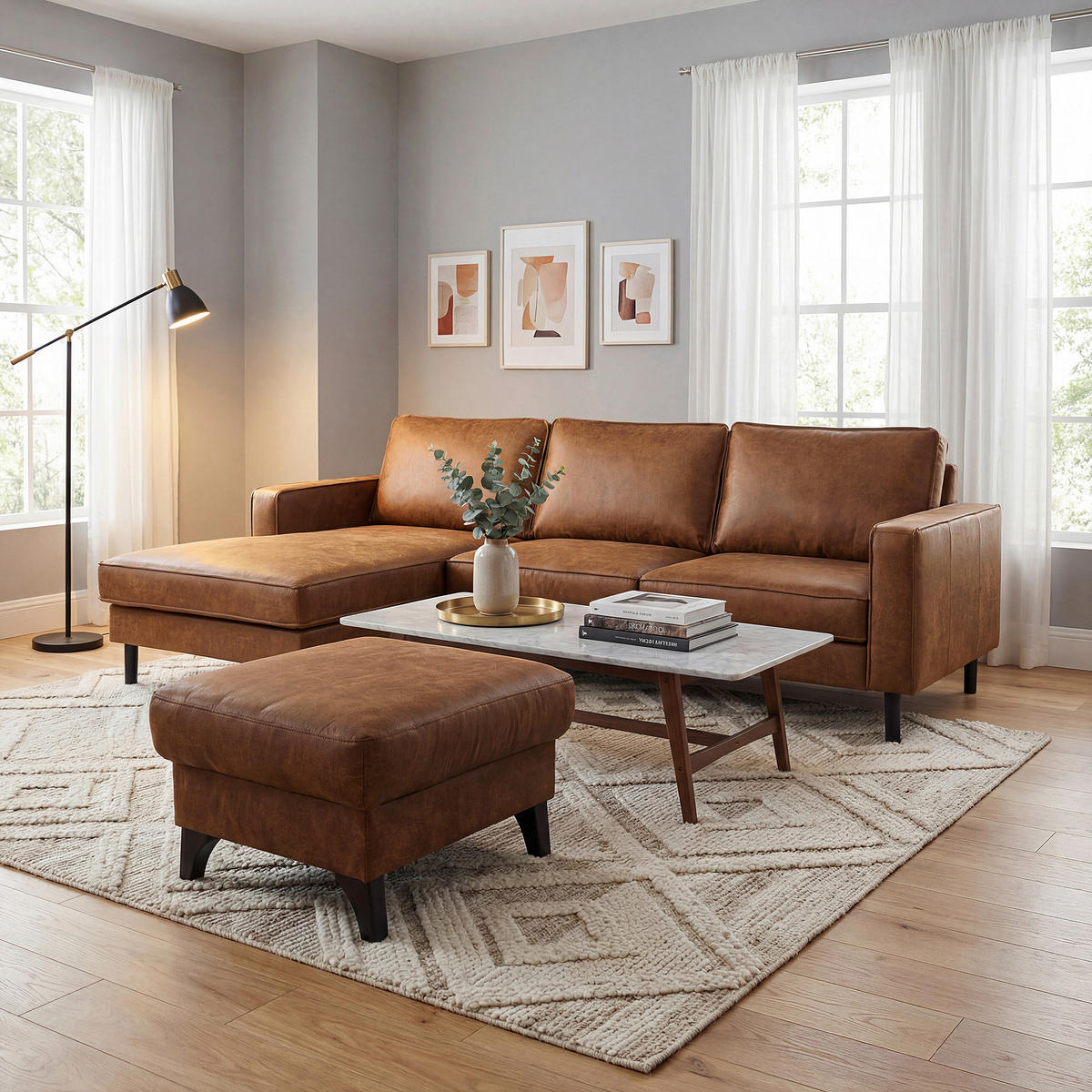 ECKSOFA Hellbraun Echtleder Lederlook Rücken echt  - Hellbraun, Design, Leder/Textil (166/238cm) - Livetastic