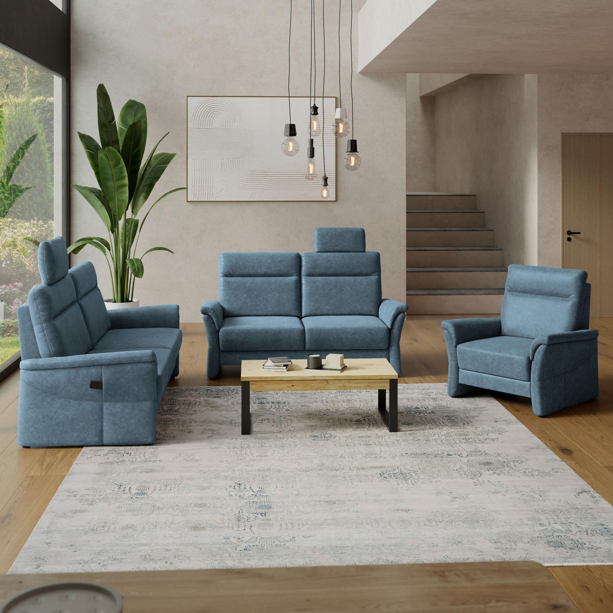 2,5-SITZER Mikrofaser Blaugrau  - Blaugrau/Schwarz, Konventionell, Kunststoff/Textil (170/99/91cm) - Elegando