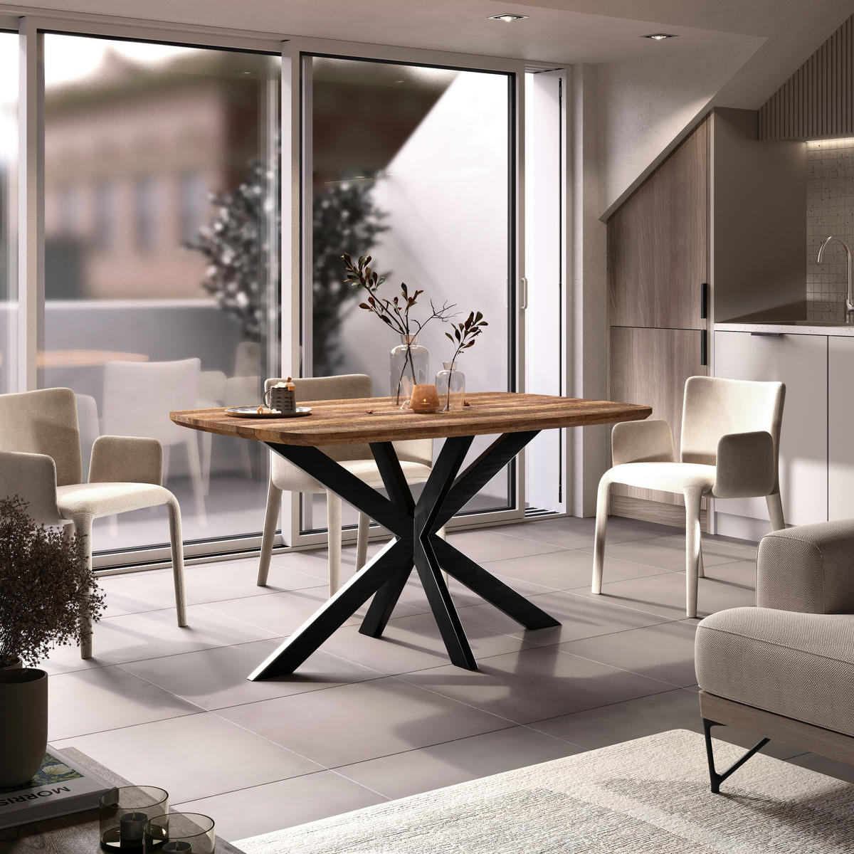 JEDILNA MIZA, masivno mangov les rjava, bežrjava  - bežrjava/črna, Konvencionalno, kovina/les (140/77/80cm) - MID.YOU