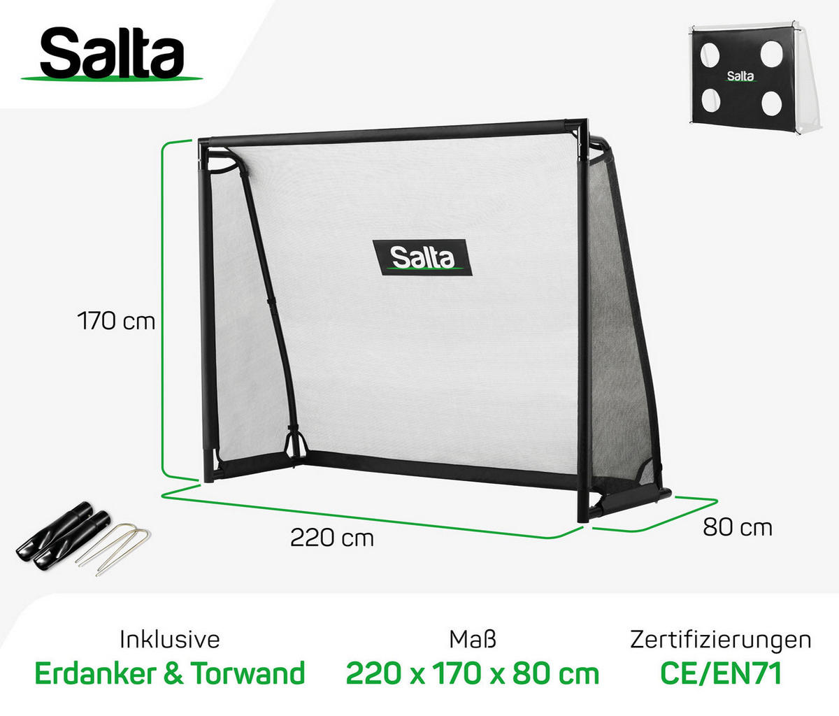 FUßBALLTOR - Schwarz, KONVENTIONELL, Kunststoff/Metall (220/170/80cm) - Salta