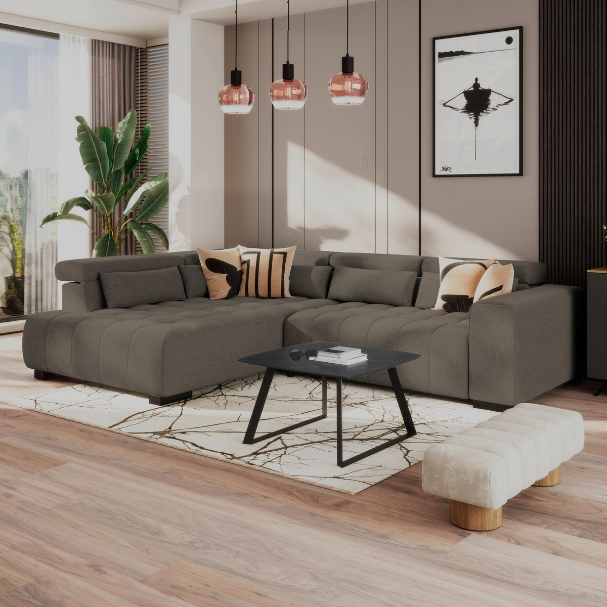 ECKSOFA MATERA Dunkelbraun Chenille, Struktur Nierenkissen, Kopfteilverstellung, Sitzvorzug  - Dunkelbraun/Schwarz, Trend, Holz/Textil (226/311cm) - MID.YOU