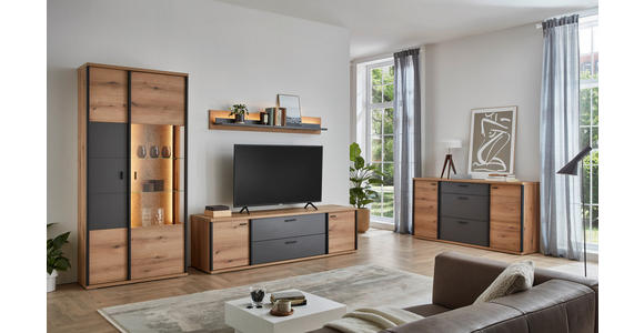 WOHNWAND  in Schwarz, Eichefarben, Dunkelgrau  312,4/208,8/50 cm  - Eichefarben/Dunkelgrau, KONVENTIONELL, Glas/Holzwerkstoff (312,4/208,8/50cm) - Xora