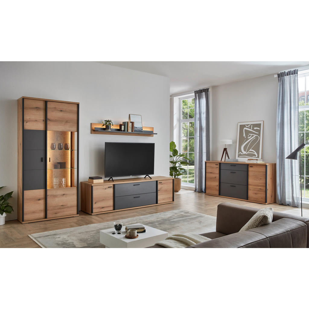 Thumbnail - Xora Lowboard, Schwarz, Eiche, Dunkelgrau, Holzwerkstoff, 2 Fächer, 2 Schublade(n) Schubladen, 205x58x50 cm, stehend, Wo...