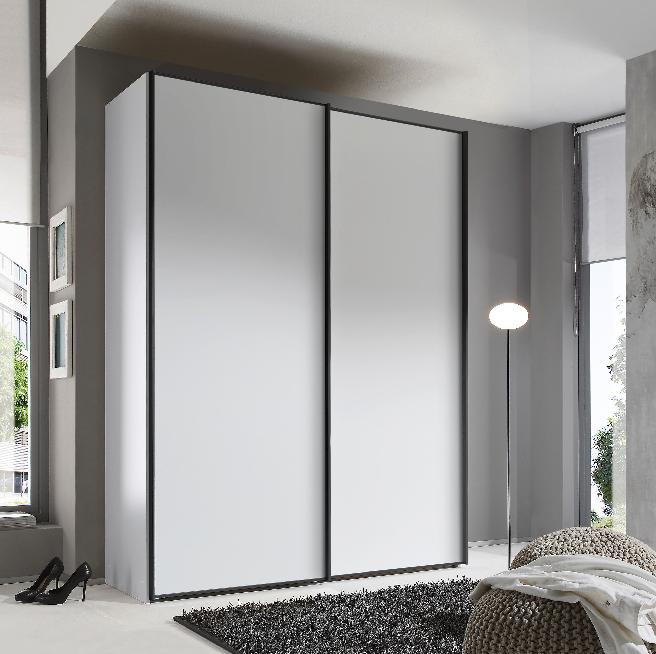 SCHWEBETÜRENSCHRANK in Weiss  - Weiss/Graphitfarben, Design, Holzwerkstoff/Metall (225/222/68cm) - Moderano