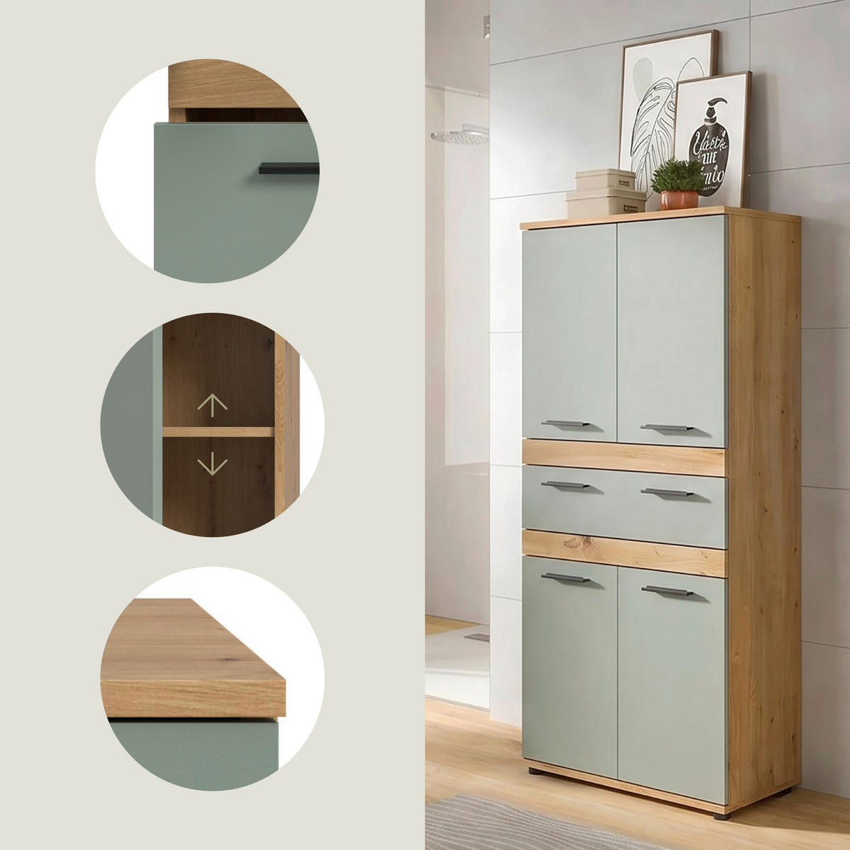 MIDISCHRANK 70/137/31 cm  - Salbeigrün/Schwarz, Trend, Holzwerkstoff/Kunststoff (70/137/31cm) - MID.YOU