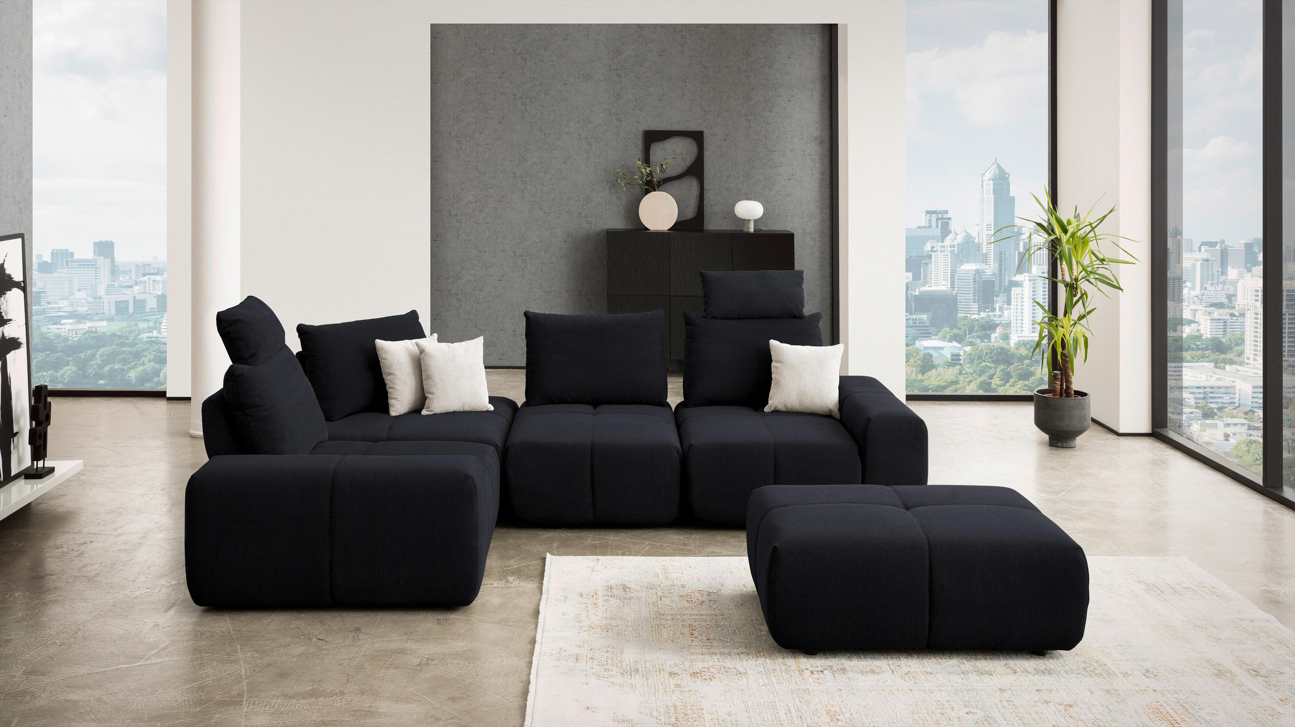 ECKSOFA in Velours Dunkelblau  - Schwarz/Dunkelblau, Design, Kunststoff/Textil (236/326cm) - Xora