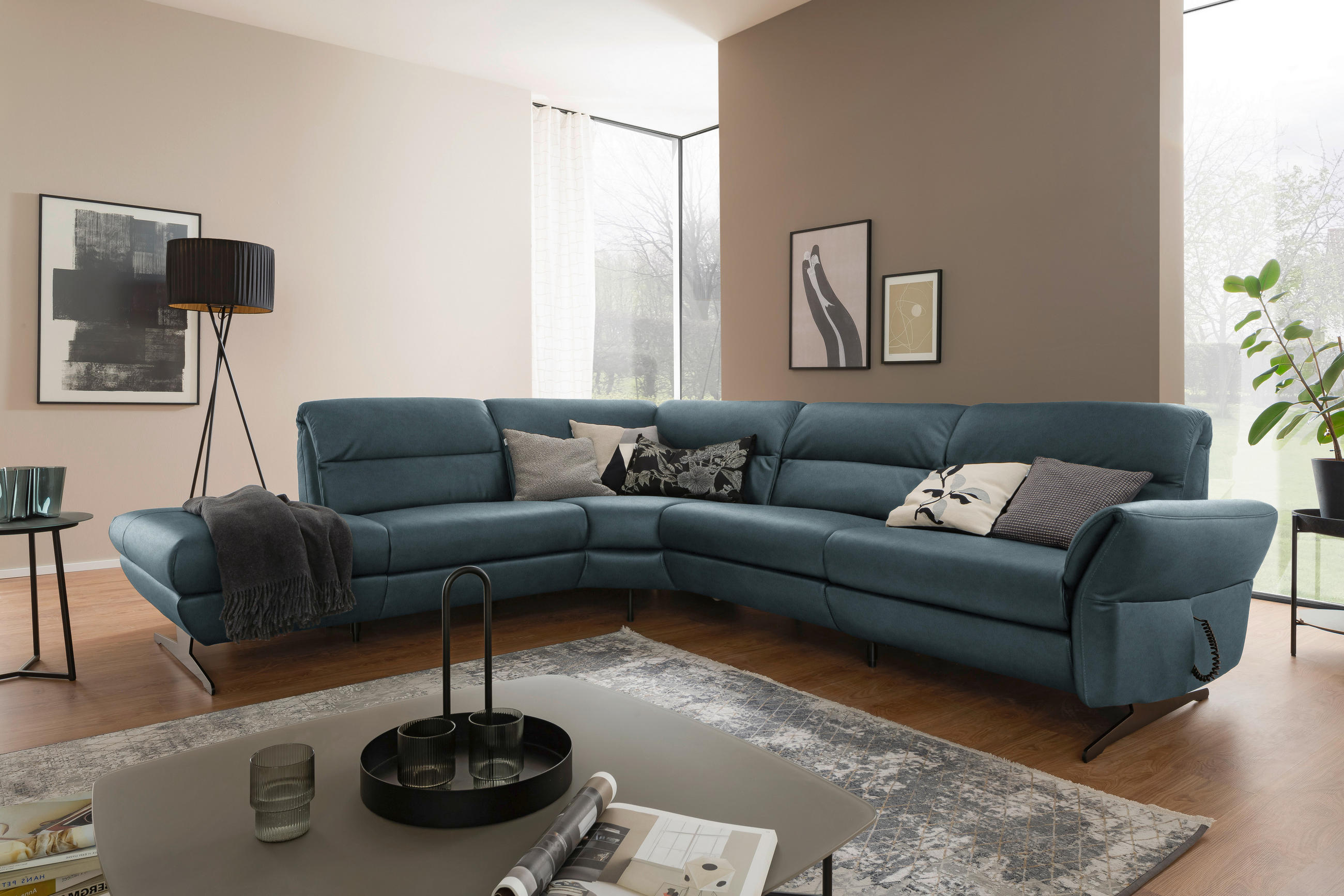 ECKSOFA in Echtleder Blaugrau  258/286 cm  - Blaugrau/Schwarz, Design, Leder/Metall (258/286cm) - Schöner Wohnen