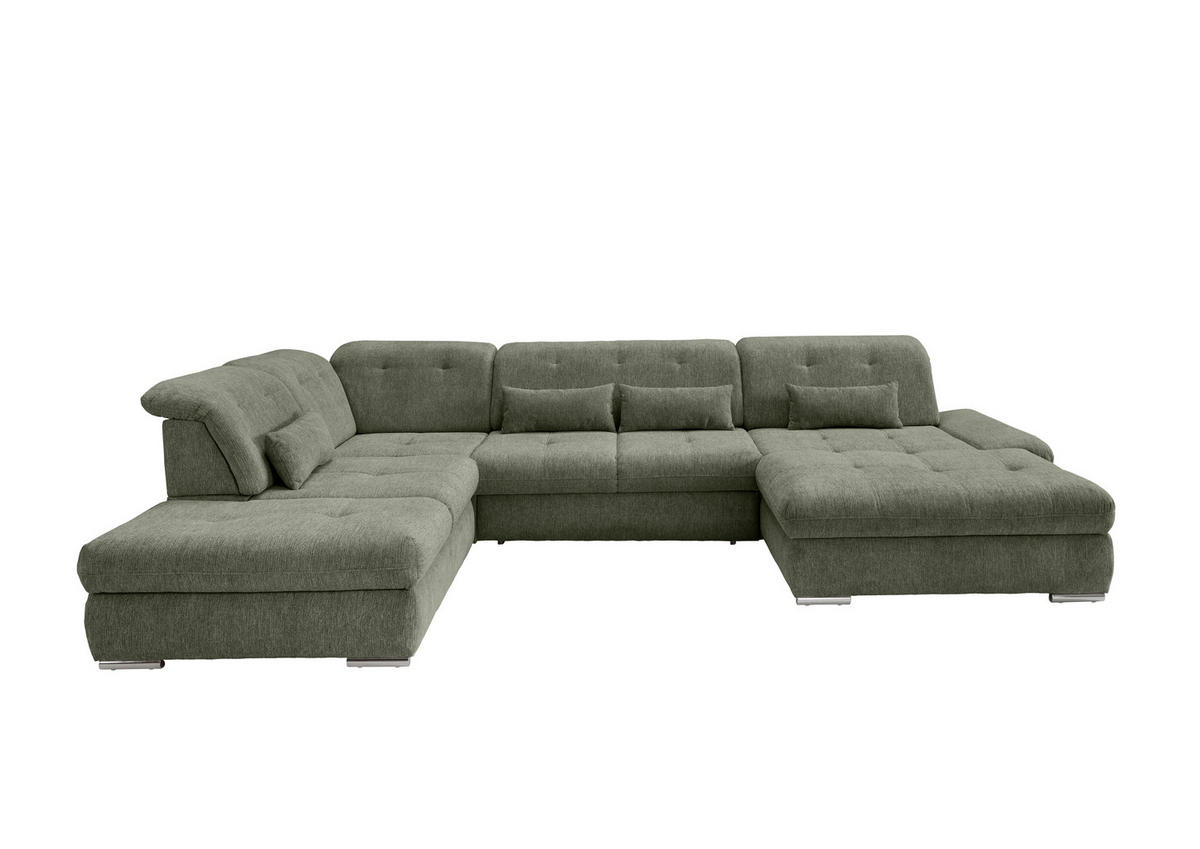 WOHNLANDSCHAFT Dunkelgrün Chenille  - Chromfarben/Dunkelgrün, Design, Textil/Metall (254/376/195cm) - Livetastic