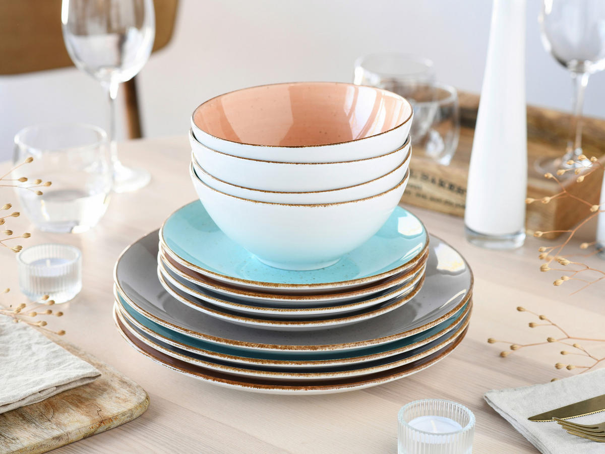 TAFELSERVICE Vintage Nature Bunt 12-teilig  - Graubraun/Orange, Basics, Keramik - Creatable