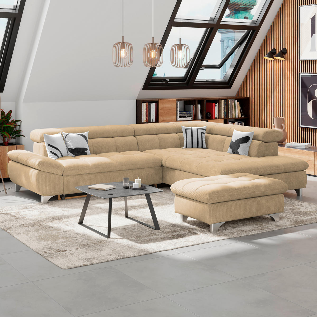 HOCKER in Textil Sandfarben  - Sandfarben/Chromfarben, Konventionell, Textil/Metall (108/46/108cm) - Livetastic