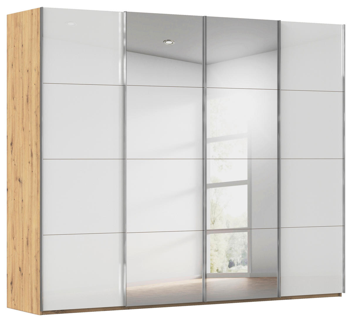 SCHWEBETÜRENSCHRANK 271/235/68 cm 4-türig Eiche Artisan, Weiß  - Chromfarben/Eiche Artisan, Design, Glas/Holzwerkstoff (271/235/68cm) - Novel