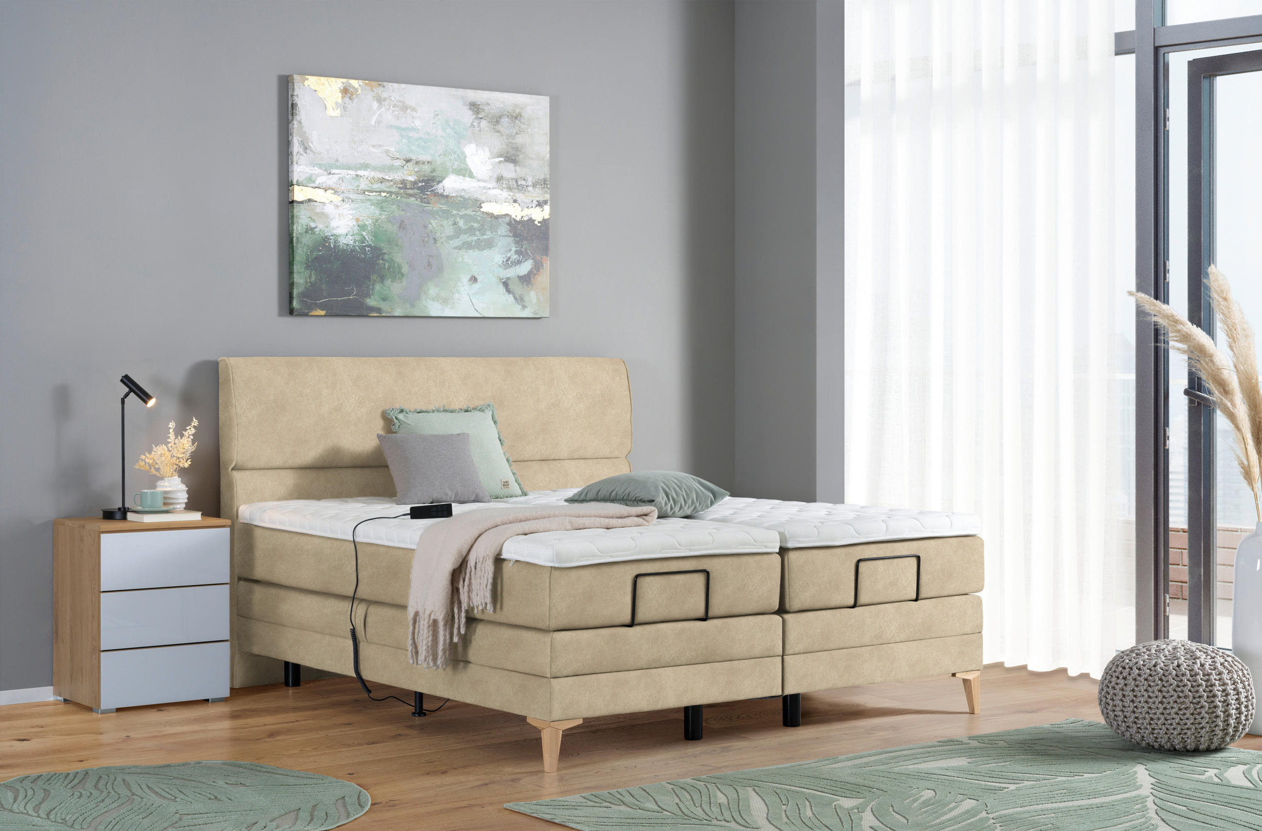 Thumbnail - Voleo Boxspringbett, Beige, Textil, Eiche, massiv, H3, 7-Zonen, Höhe ca. 19 cm, 180x200 cm, Über- und Sondergrößen erhäl...
