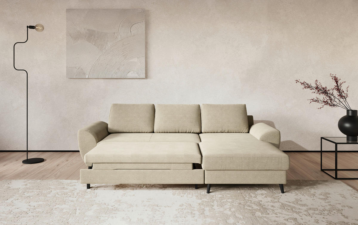 ECKSOFA Cord Beige  - Beige/Schwarz, Trend, Textil/Metall (255/154cm) - MID.YOU