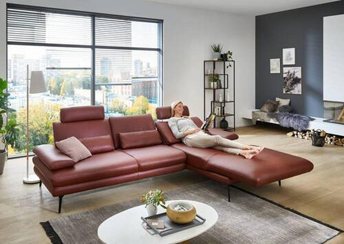 ECKSOFA in Echtleder Dunkelrot  - Schwarz/Dunkelrot, Design, Leder/Metall (310/180cm) - Dieter Knoll