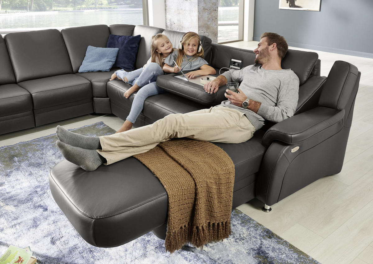 WOHNLANDSCHAFT in Echtleder Anthrazit  - Anthrazit/Alufarben, Konventionell, Leder/Metall (239/329/165cm) - Beldomo Premium