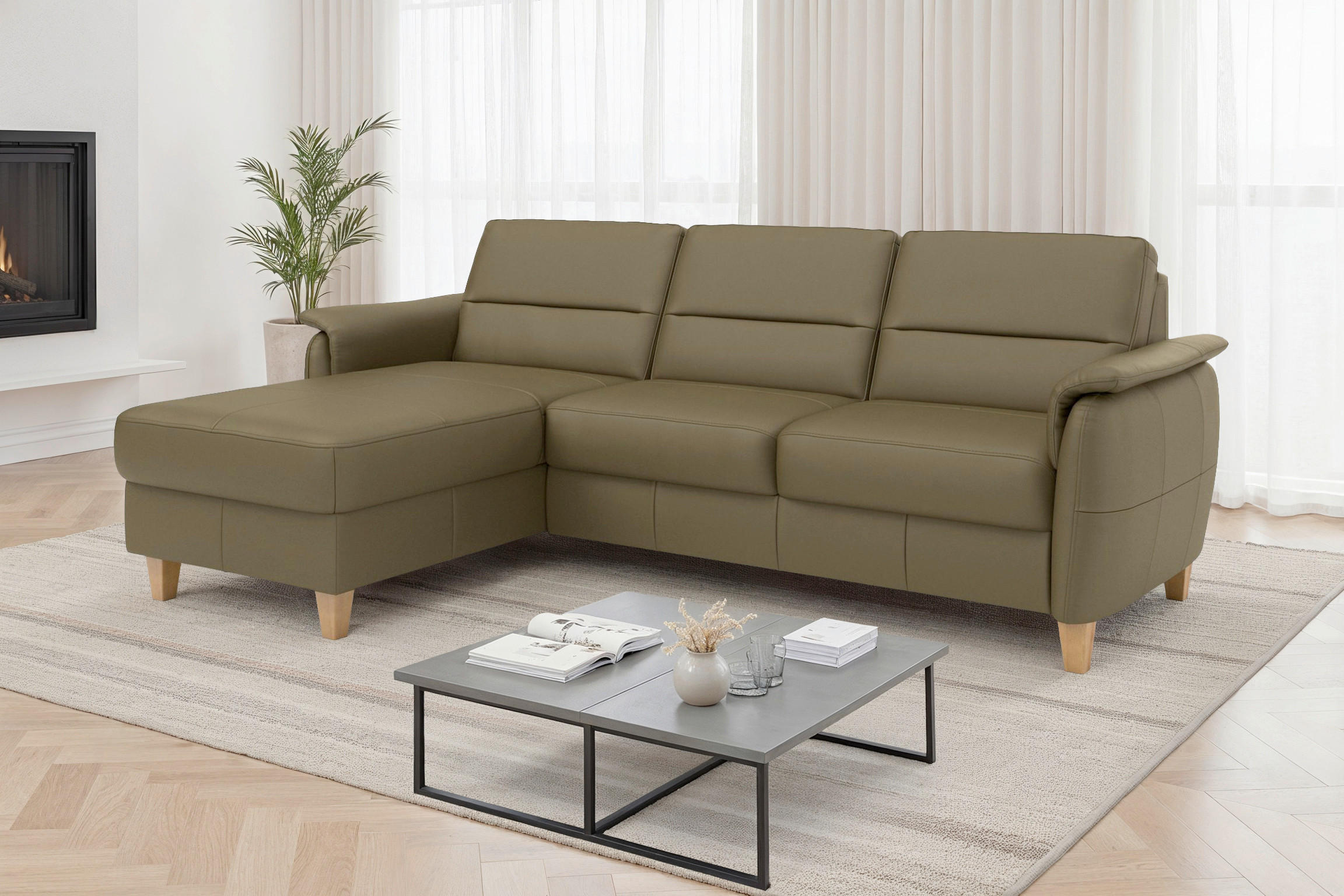 ROHOVÁ SEDAČKA, koža, olivovozelená - olivovozelená/farba duba, Basics, koža/drevo (163/244cm) - Sit & More