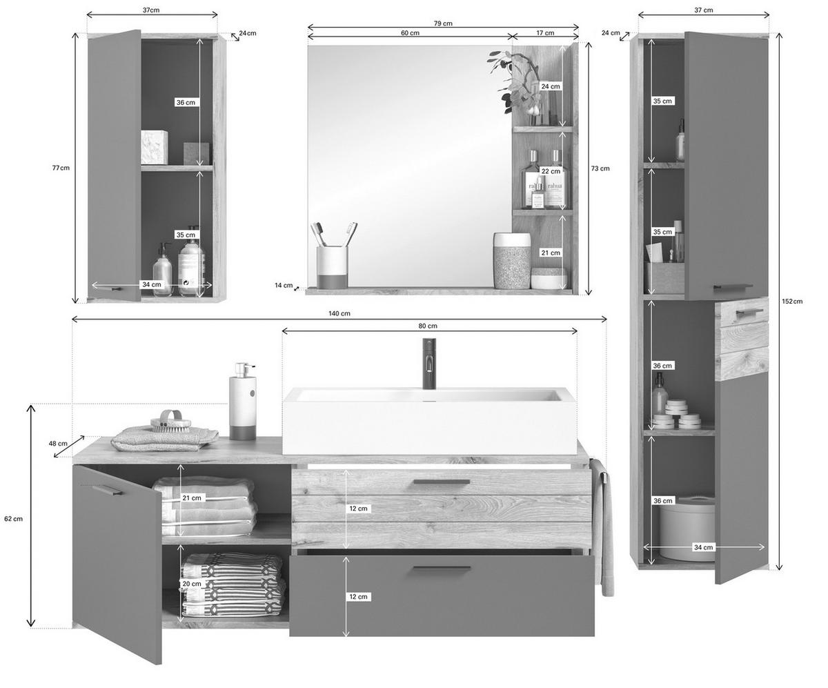 BADEZIMMER 4-teilig  in 177 cm  - Eichefarben/Weiß Hochglanz, MODERN, Glas/Keramik (177cm) - MID.YOU