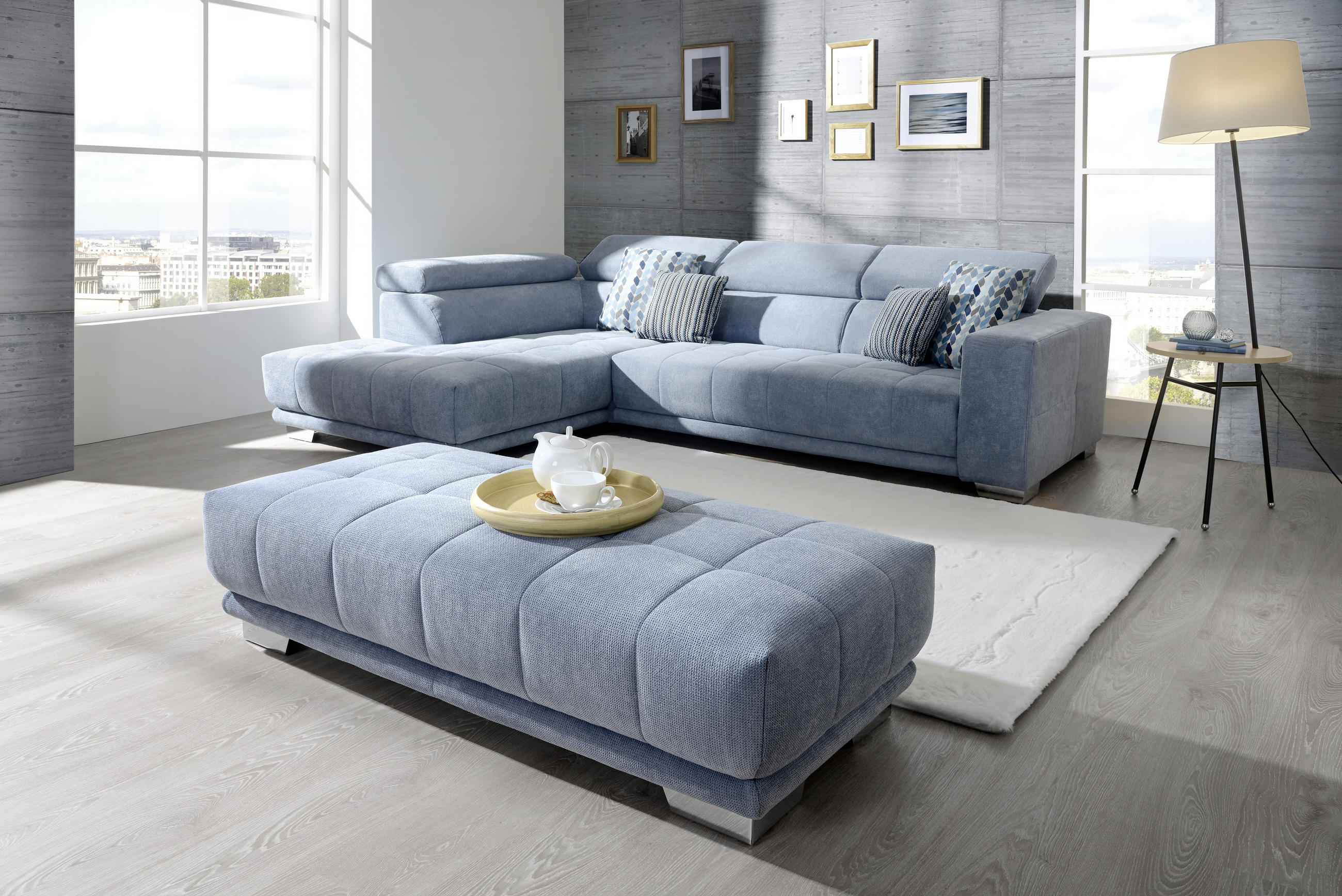 SEDEŽNA GARNITURA, mikrovlakna svetlo modra - barve kroma/svetlo modra, Design, kovina/tekstil (207/301cm) - Xora