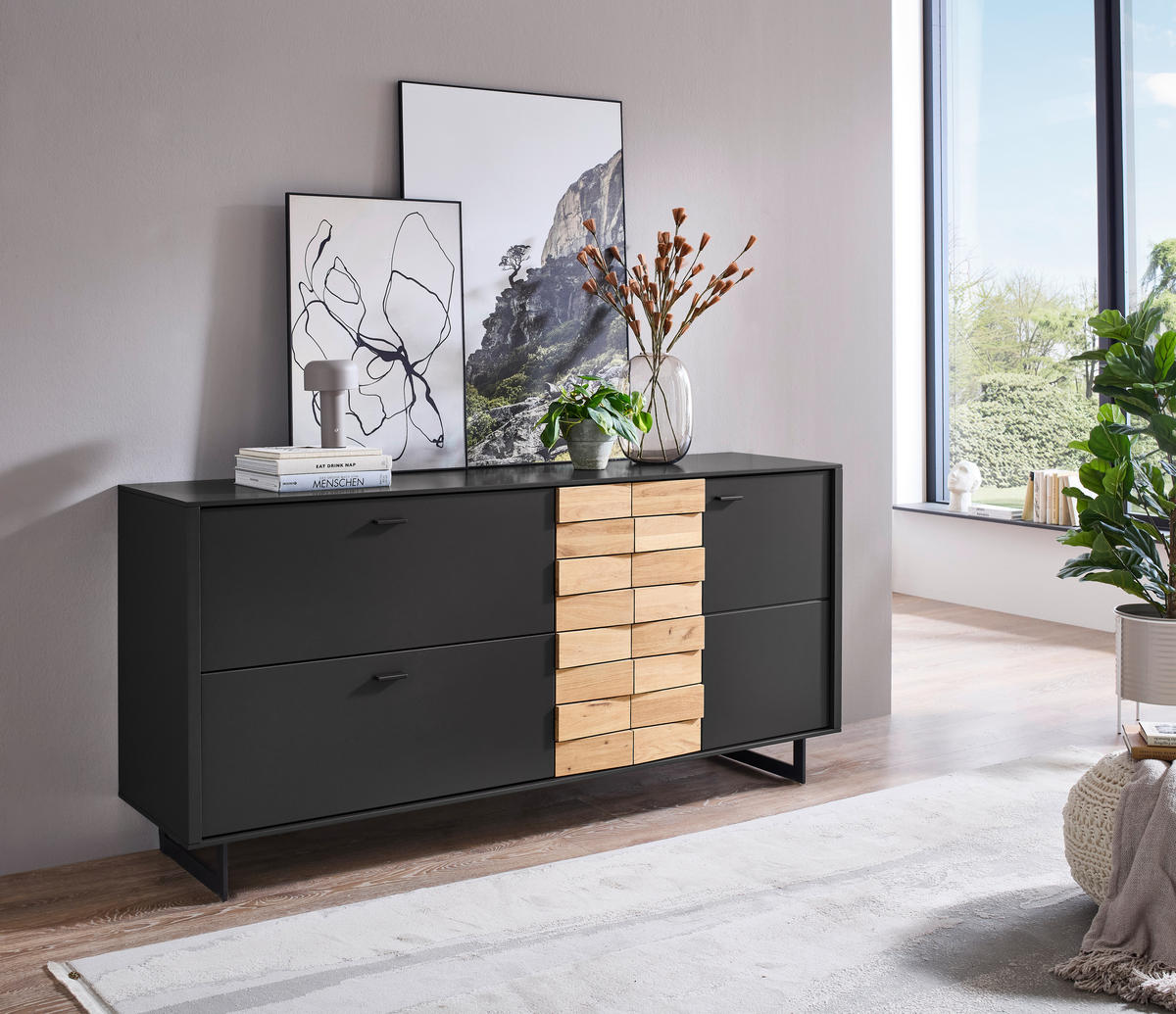 SIDEBOARD Grau, Eichefarben  186/87,2/46,4 cm  - Eichefarben/Anthrazit, Design, Holz/Holzwerkstoff (186/87,2/46,4cm) - Novel