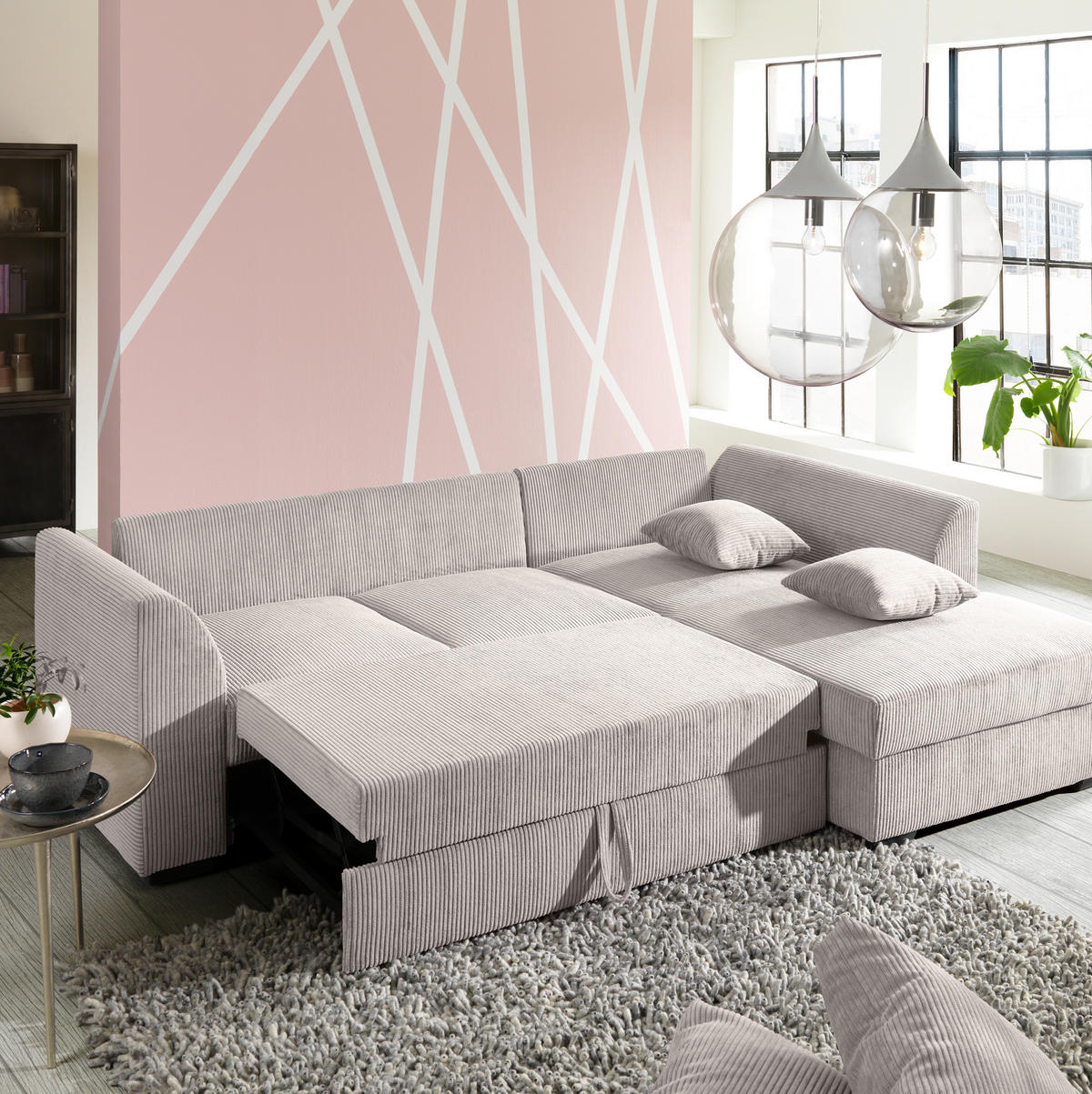 ECKSOFA in Cord Beige  - Beige/Schwarz, Design, Kunststoff/Textil (259/174cm) - Cantus