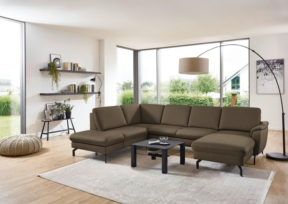 WOHNLANDSCHAFT Echtleder Graubraun  - Graubraun/Schwarz, Konventionell, Leder/Metall (224/306/168cm) - Beldomo Premium