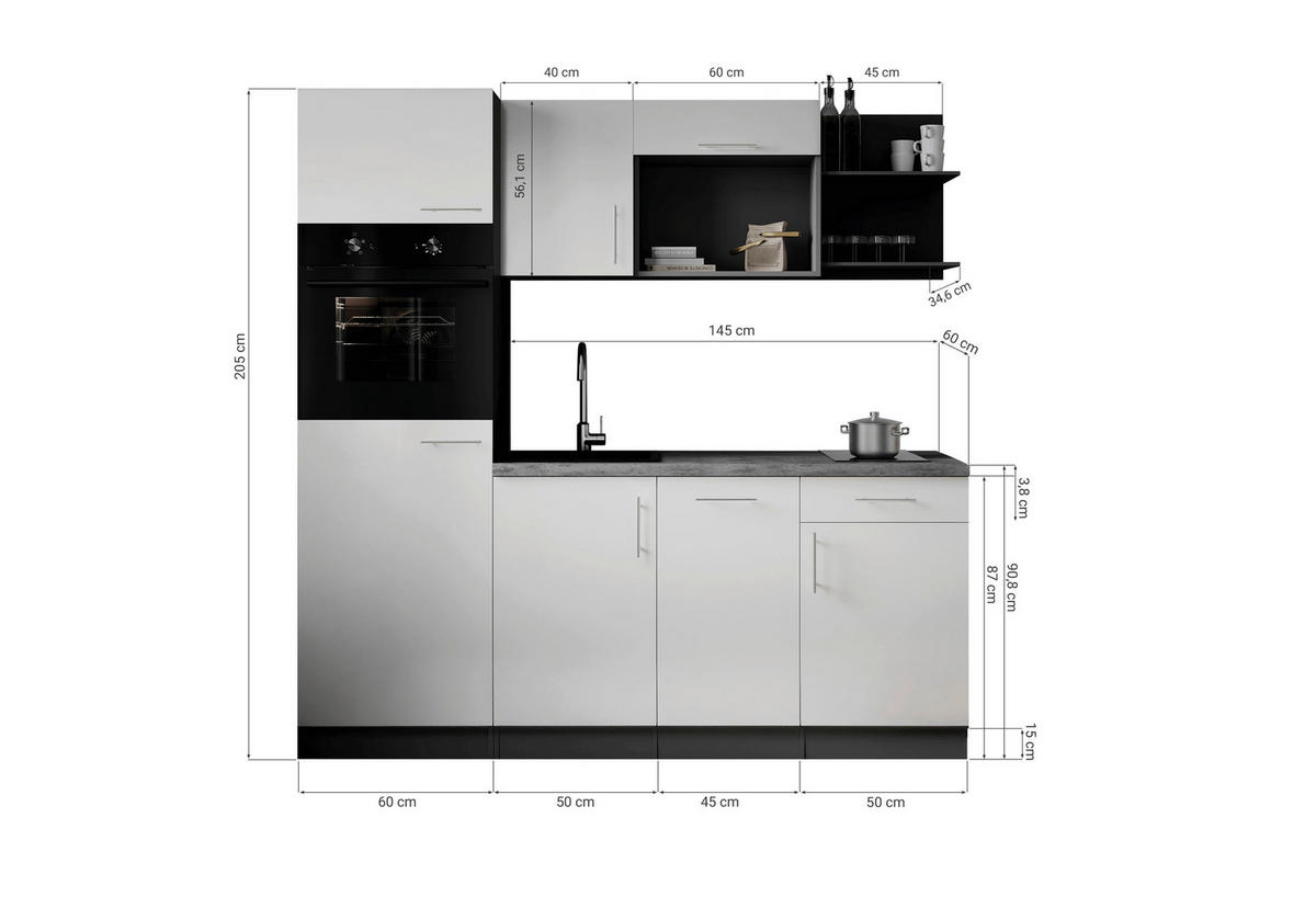 MODULKÖK 205 cm   i grå, ek Artisan  - grå/ek Artisan, Trend, metall/trämaterial (205cm) - Respekta