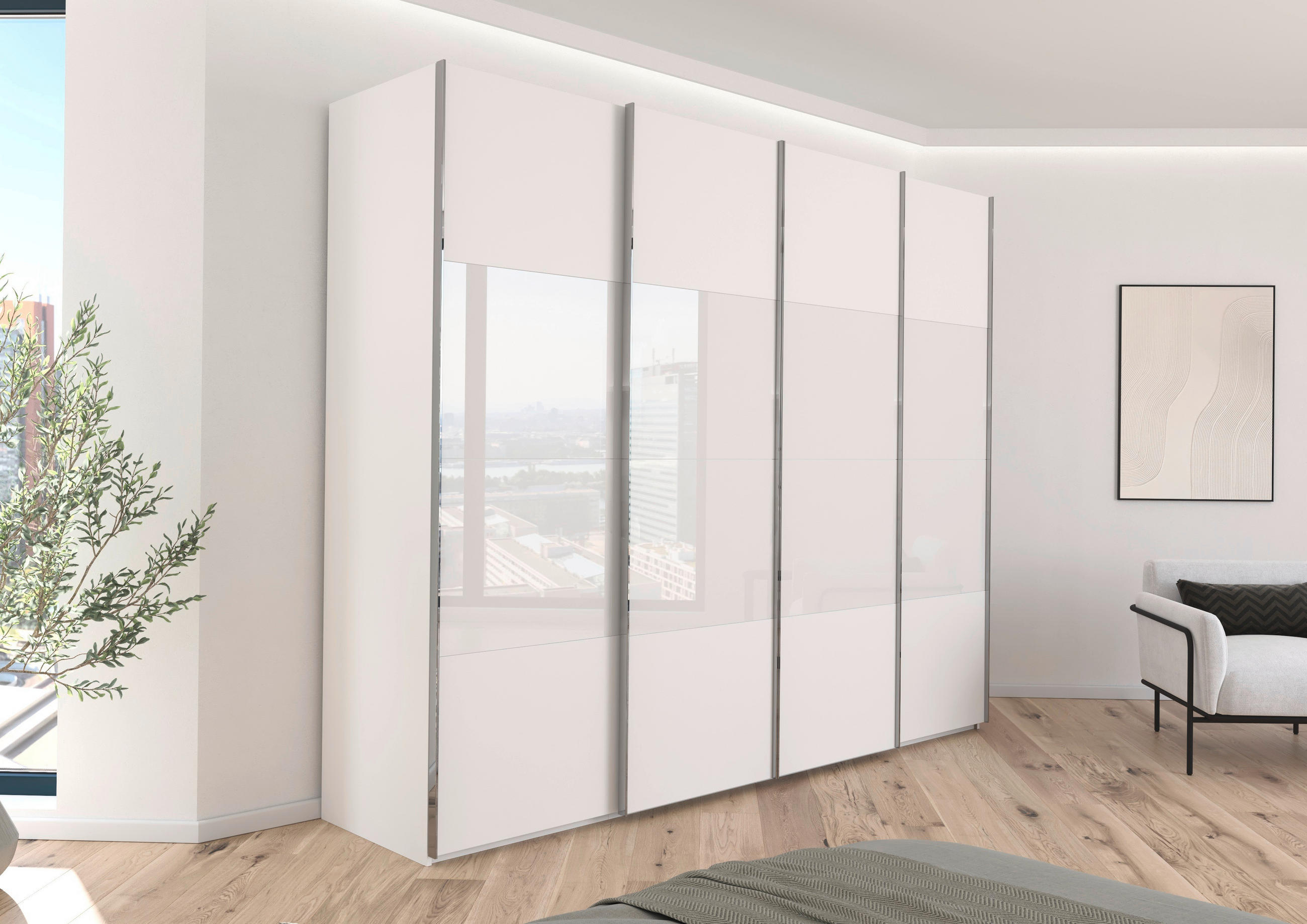 SCHWEBETÜRENSCHRANK 271/223/68 cm 4-türig Weiß  - Chromfarben/Weiß, KONVENTIONELL, Glas/Holzwerkstoff (271/223/68cm) - Novel