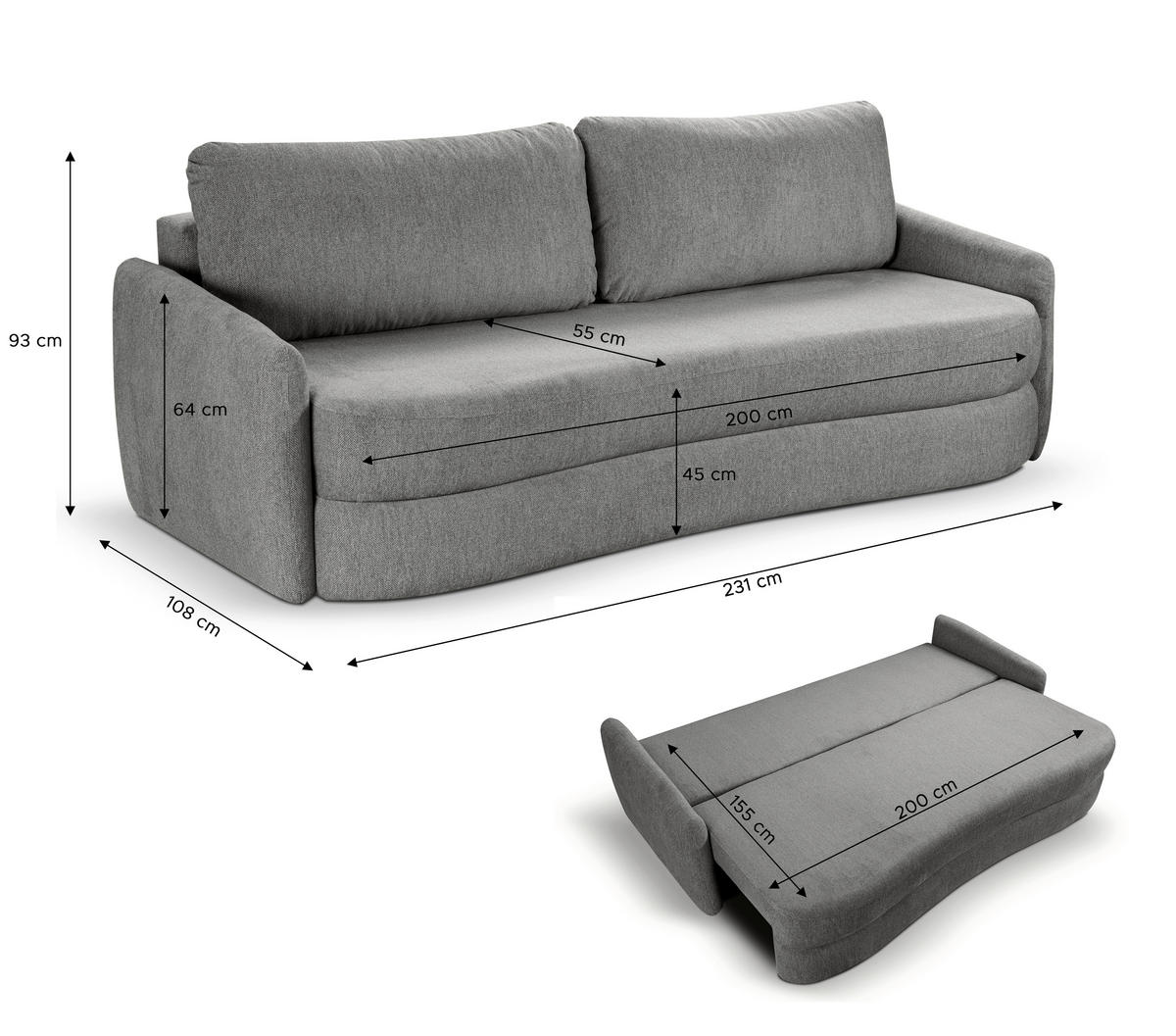 SCHLAFSOFA DIANA  mit Liegefunktion Struktur Grau  - Schwarz/Grau, Basics, Kunststoff/Textil (231/93/108cm) - MID.YOU