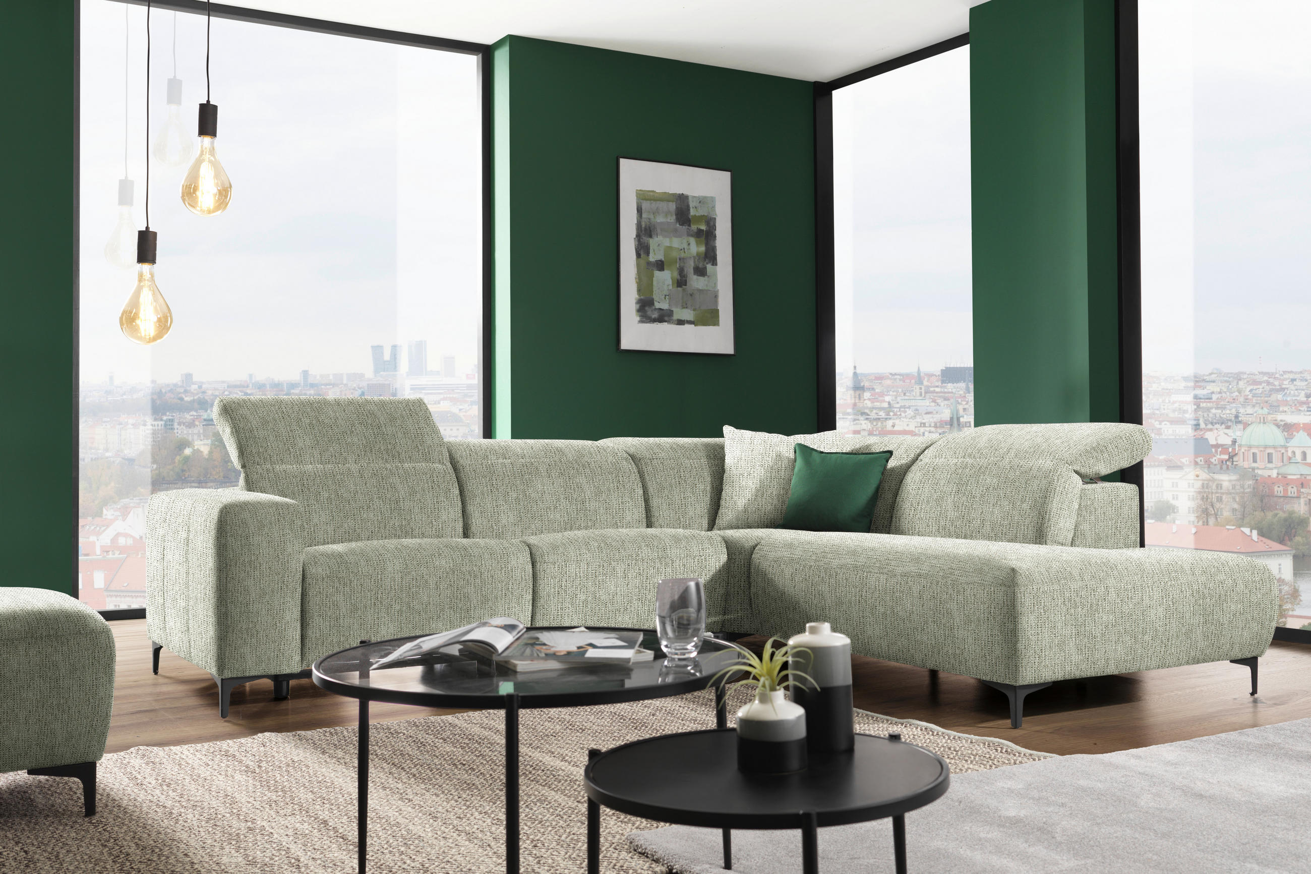 ECKSOFA in Flachgewebe Olivgrün  - Schwarz/Olivgrün, Design, Textil/Metall (290/238cm) - Pure Home Lifestyle
