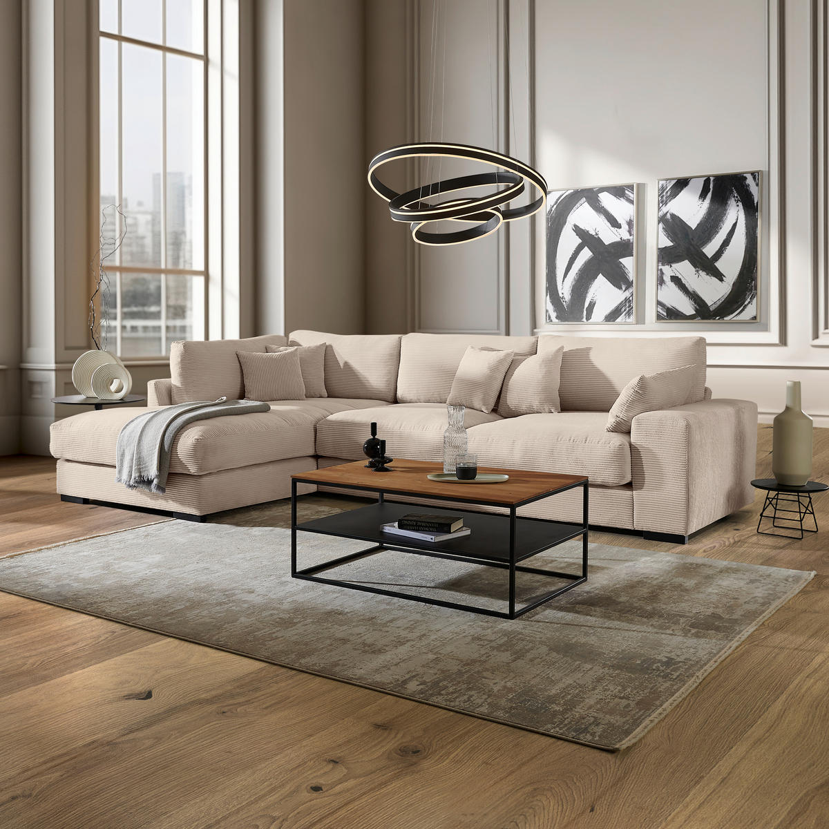 ECKSOFA in Cord Creme  - Creme/Schwarz, Design, Kunststoff/Textil (340/205cm) - Lomoco