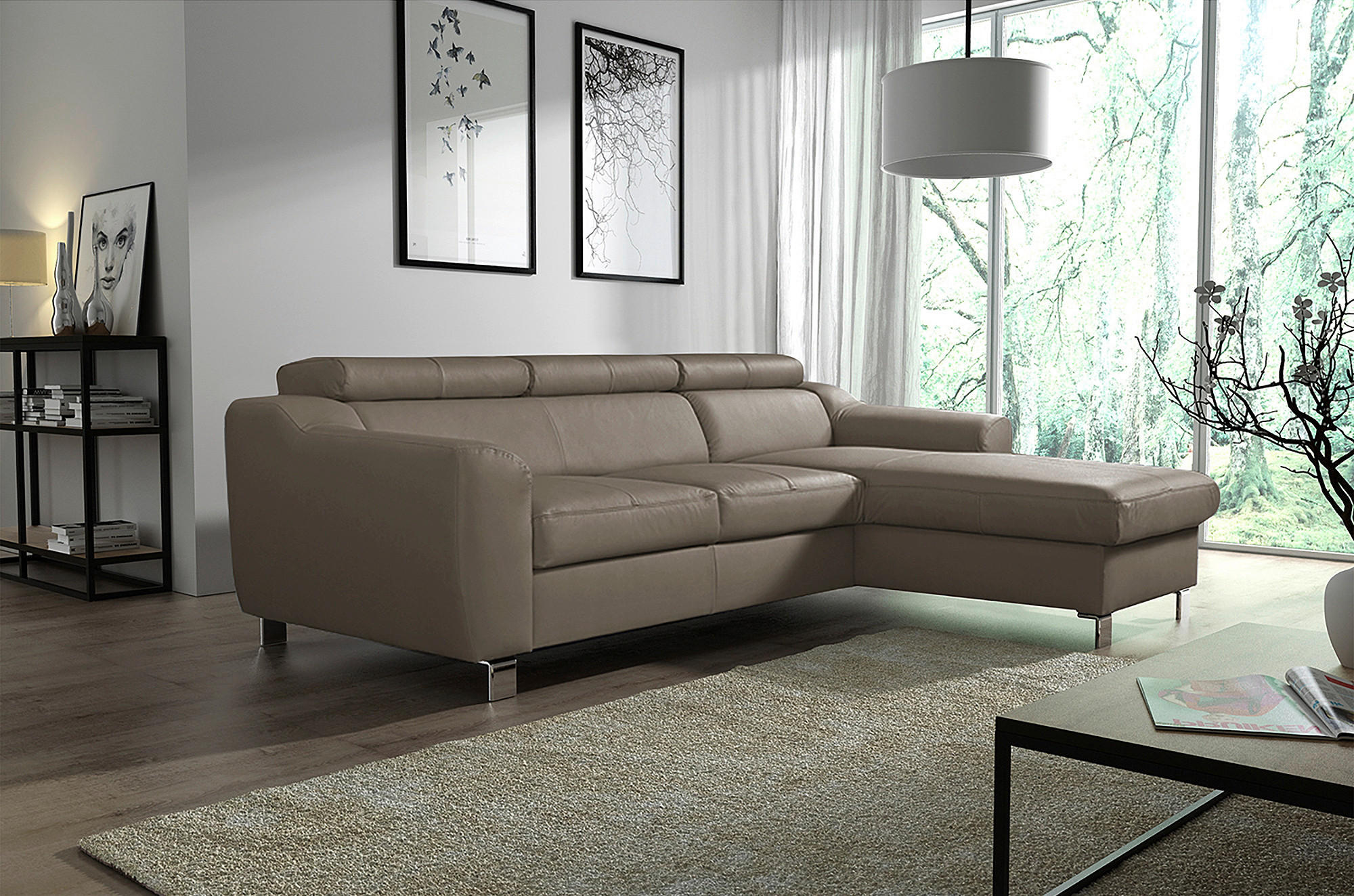 ECKSOFA in Lederlook Echtleder Taupe  - Taupe/Chromfarben, Design, Leder/Textil (242/176cm) - Livetastic