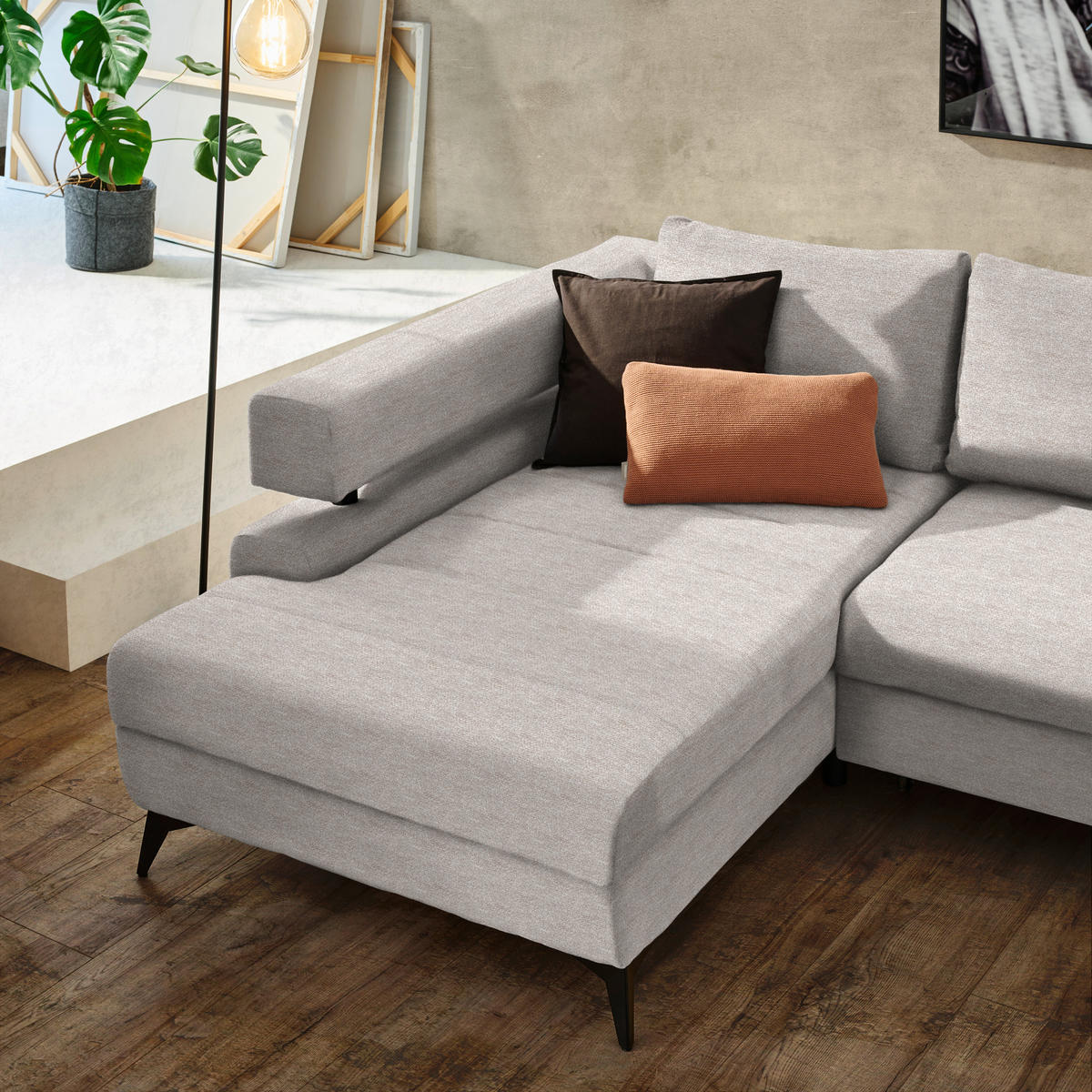 ECKSOFA Beige Chenille  - Beige/Schwarz, KONVENTIONELL, Textil/Metall (184/265cm) - Hom`in