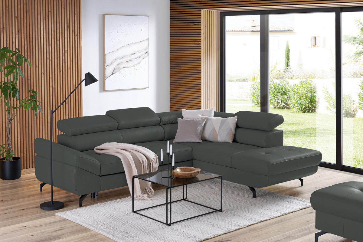 ECKSOFA in Echtleder Grau  - Schwarz/Grau, Design, Leder/Metall (270/220cm) - Novel